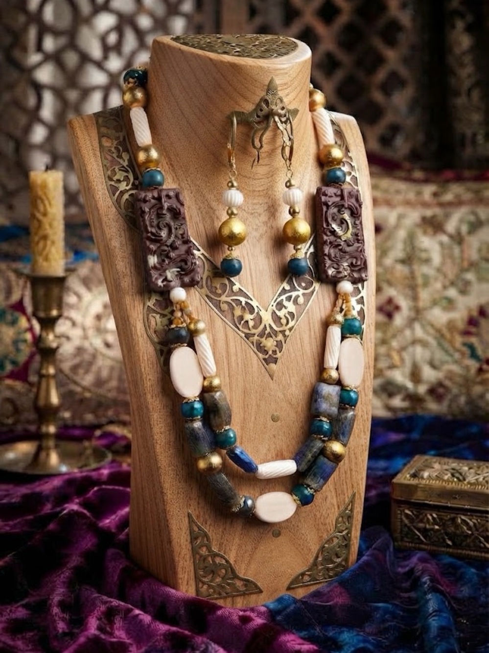 Artisan Carved Jasper, Labradorite, Apatite & Bone Beaded Necklace Set 🧁